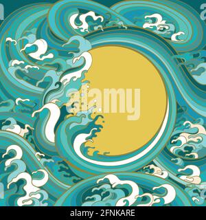 Vector colour illustration for graphic design. Frame template with the image of sea waves in traditional oriental style. Stock Vector