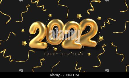 3D Realistic inscription balloon 2022 and golden serpentine on black background. Gold metallic text new year for banner design. Vector Stock Vector