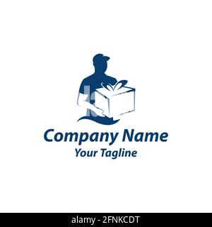 Delivery man courier holding box Logo design vector template navy blue color.EPS 10 Stock Vector