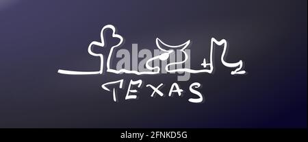 Hand-drawn Texas lettering sticker. One line cactus, skull and boots. Outside state label. Vector logo illustration. Sketch of silhouettes. Stock Vector