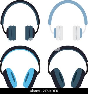 Set of four headsets or headphones, 2 different models, in different colors. Light and Dark theme. Stock Vector
