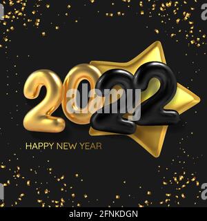 3D Realistic inscription balloon 2022 and golden star on black background. Gold metallic text new year for banner design. Vector  Stock Vector