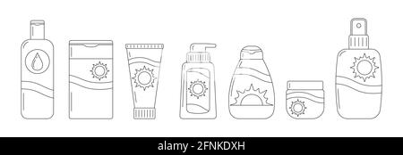 Sunscreen bottles vector line art icon set isolated on white background. Stock Vector