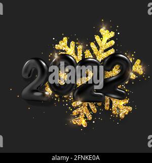 3D Realistic inscription balloon 2022 and golden snowflake on black background. Gold metallic text new year for banner design. Vector Stock Vector