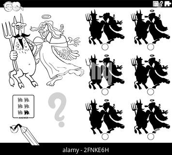 Black and white cartoon illustration of finding the shadow without differences educational game for children with angel and devil coloring book page Stock Vector