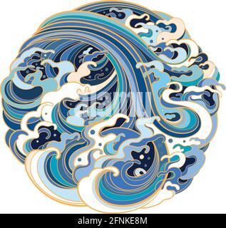 Traditional oriental sea waves in the form of a circle. Stock Vector
