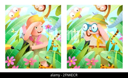 Boy and Girl Scouts Safari Adventure in Forest Stock Vector