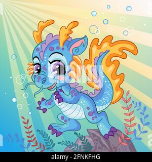 Fairy tale background with underwater world, coral reef, and water dragon character. Vector bright cartoon illustration for children t-shirt and appar Stock Vector