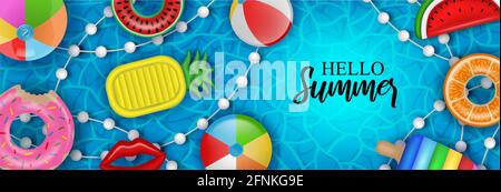 Hello summer banner with inflatable balls, mattress and swimming rings on pool water background Stock Vector