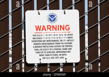 Tacoma, WA, USA - May 16, 2021; Warning sign by the US Department of Homeland Security of a Foreign Trade Zone at the Port of Tacoma, Washington