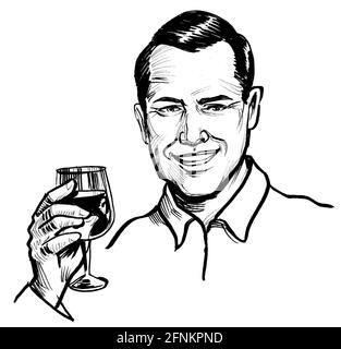 Man with a glass of wine. Ink black and white drawing Stock Photo