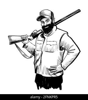 Bearded hunter with a rifle. Ink black and white drawing Stock Photo ...