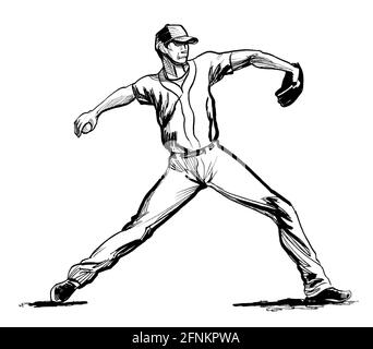 Pitcher throwing ball. Black outline. Baseball player in motion