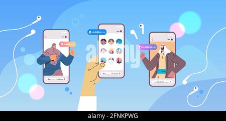 arabic people communicating in instant messengers by voice messages audio chat application online communication Stock Vector