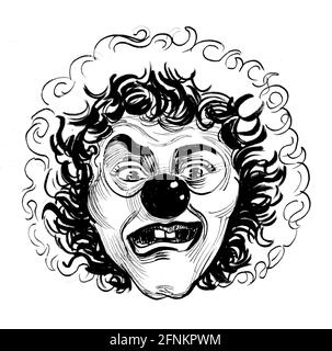 Mad scary clown face. Ink black and white drawing Stock Photo