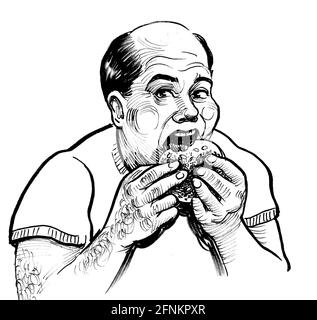 Happy fat man eating a burger. Ink black and white drawing Stock Photo