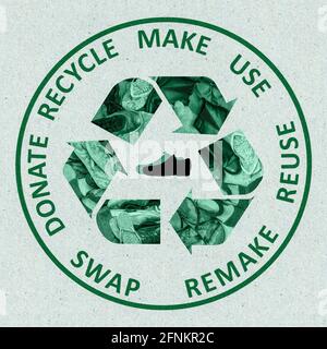 footware circular economy shoes use, reuse, remake, swap, donate, recycle on  green card Stock Photo