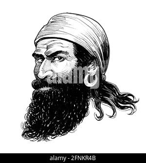 Pirate head. Ink black and white drawing Stock Photo - Alamy