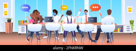 mix race businesspeople team in masks discussing during meeting chat bubble communication brainstorming Stock Vector