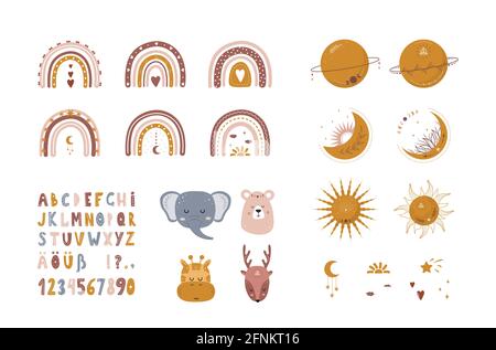 Set of boho elements rainbows, planets, moons, suns, animals. Cute hand drawn alphabet. Characters for nursery posters, cards, home decor, wallpaper Stock Vector
