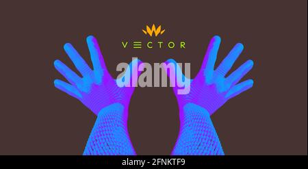 Two hands making stop gesture. Connection structure. 3D vector illustration for protection or control. Stock Vector