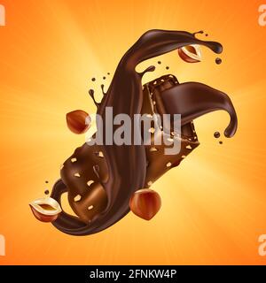 Sweet chocolate bar with hazelnut pieces and caramel on orange sunburst background. Vector realistic illustration of broken chocolate candy with crushed nuts and cocoa cream Stock Vector