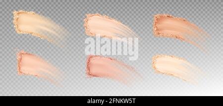 Dry powder, skin foundation smears, blush brush strokes broken crumbly texture. Beauty make up cosmetics product swatch, smudge trace samples isolated on transparent background Realistic 3d vector set Stock Vector