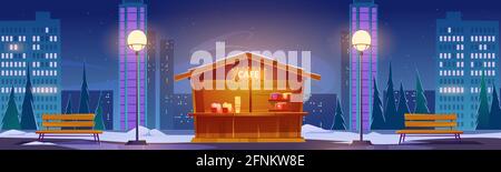 Street fastfood cafe at winter night cityscape background with skyscrapers. Outdoor cafeteria wooden stall on sidewalk with lamps and benches. Fast food shop in town park, Cartoon vector illustration Stock Vector