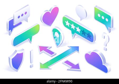 Isometric icons shield, cloud, speech bubbles and question mark, crossed arrows, rate stars, navigation pin and heart. Computer security, messenger or map application isolated 3d vector signs set Stock Vector