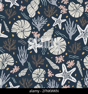 Hand-Drawn Sea Shells, Fossils, Starfish, Corals, Seaweeds, Waves Abstract Vector Seamless Pattern Stock Vector