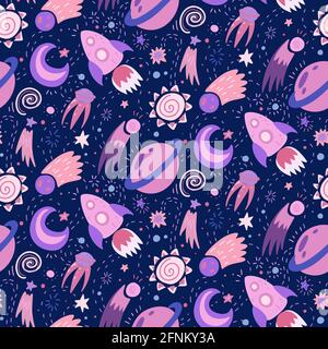 Seamless childish cosmos pattern with stars, moon, shuttle and satellite on dark violet background. Vector cartoon texture of the universe with dots. Stock Vector