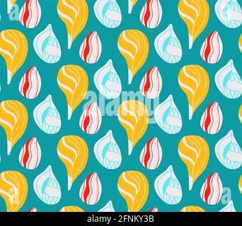 Seamless pattern with cartoon seashells with doodle ornament in row on blue background. Flat texture with ocean inhabitants with boho ornaments. Vecto Stock Vector