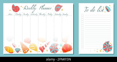 Set of day organization templates with seashells with boho decoration. Weekly planner and to do list. Vector cards with ocean shells pattern. Setting Stock Vector