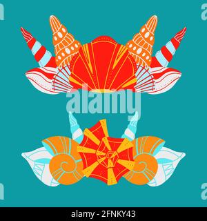 Set of sea crowns from seashells on blue background. Vector text separators. Delimiters with sea molluscs and snails with boho pattern. Multicolored d Stock Vector