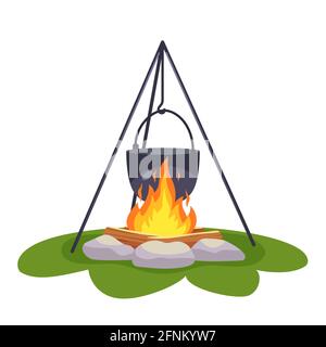 Camping pot over bonfire Stock Vector