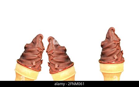 Three Chocolate Coating Soft Serve Ice Cream Cones Arranged in a Row on White Backdrop Stock Photo