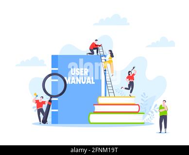User manual guide book flat style design vector illustration. Tiny people, magnifying glass and guidance manual instructions. Stock Vector