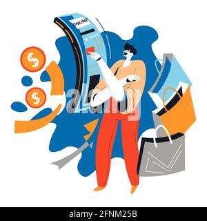 Shopping and buying products online, paying money Stock Vector