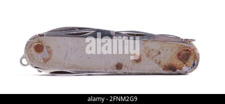 Close up of a broken multipurpose knife, isolated on white Stock Photo