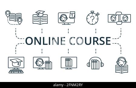 Online Course icon set. Collection contain pack of pixel perfect creative icons. Online Course elements set. Stock Vector