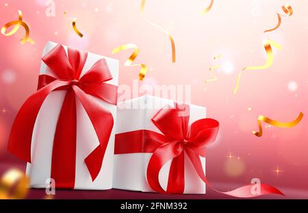 White color gift boxes with ribbons on glittering background Stock Photo