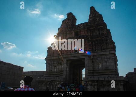 old indian architecture and landscape view of hampi, the great architecture example of india. Stock Photo