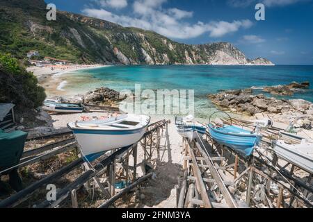 Fiishing boars at Petani Beach in Kefalonia, Ionian Islands, Greece Stock Photo