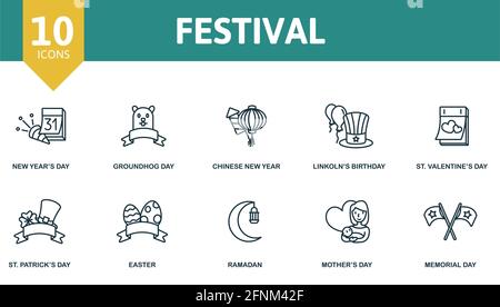 Festival icon set. Contains editable icons hollidays theme such as new year's day, chinese new year, st. valentine's day and more. Stock Vector