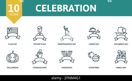 Celebration icon set. Contains editable icons hollidays theme such as flag day, independence day, columbus day and more. Stock Vector