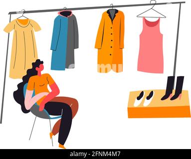 Woman selling vintage clothes, market second hand Stock Vector