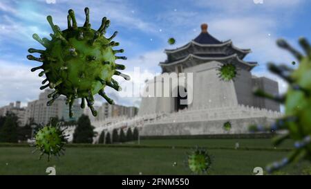 3D illustration flu coronavirus floating on landmark monument of Chiang Kai Shek memorial hall. Liberty Square at Taiwan and pandemic of Covid19 virus Stock Photo
