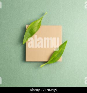 Kraft memo pad with green leaf on green background. top view, copy space Stock Photo