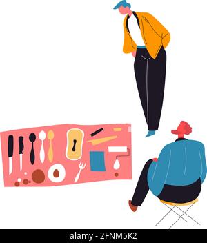 Flea market, second hand, selling kitchenware Stock Vector