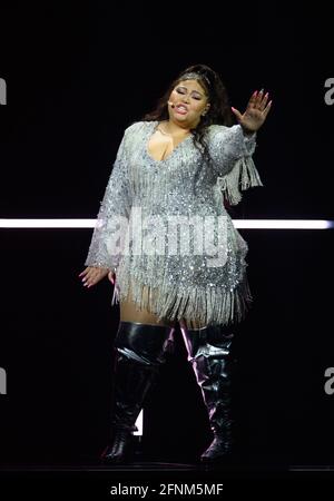 Rotterdam, Netherlands. 17th May, 2021. Singer Destiny (Malta) sings during the second dress rehearsal of the first semi-final of the Eurovision Song Contest (ESC) at the Ahoy Arena. Credit: Soeren Stache/dpa-Zentralbild/dpa/Alamy Live News Stock Photo